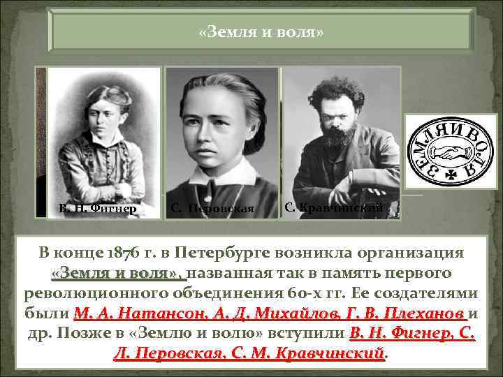  «Земля и воля» М. А. Натансон В. Н. Фигнер А. Д. Михайлов С.