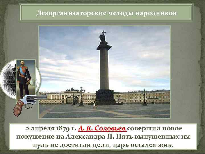 Дезорганизаторские методы народников 2 апреля 1879 г. А. К. Соловьев совершил новое А. К.