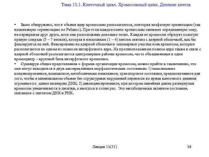  Тема 13. 1. Клеточный цикл. Хромосомный цикл. Деление клеток • Было обнаружено, что