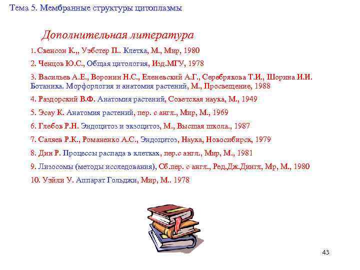 Тема 5. Мембранные структуры цитоплазмы Дополнительная литература 1. Свенсон К. , , Уэбстер П.