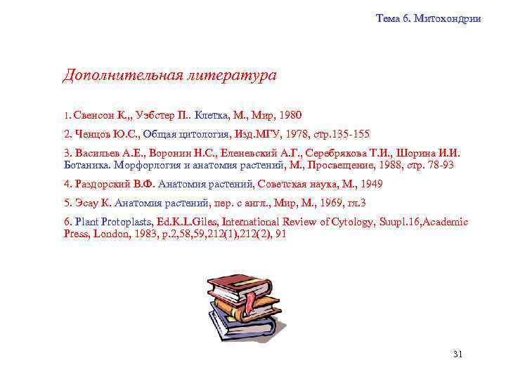 Тема 6. Митохондрии Дополнительная литература 1. Свенсон К. , , Уэбстер П. . Клетка,