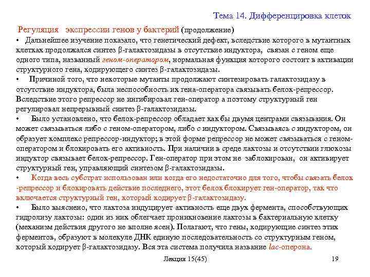 Тема 14. Дифференцировка клеток Регуляция экспрессии генов у бактерий (продолжение) • Дальнейшее изучение показало,