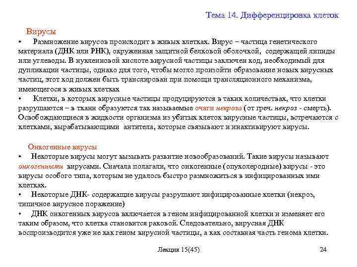 Тема 14. Дифференцировка клеток Вирусы • Размножение вирусов происходит в живых клетках. Вирус –