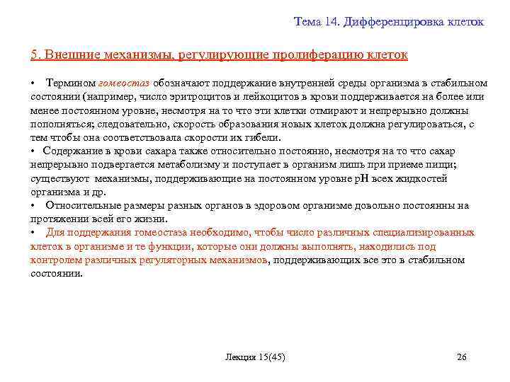 Тема 14. Дифференцировка клеток 5. Внешние механизмы, регулирующие пролиферацию клеток • Термином гомеостаз обозначают