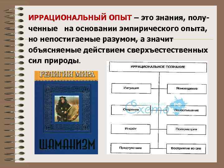 ИРРАЦИОНАЛЬНЫЙ ОПЫТ – это знания, полученные на основании эмпирического опыта, но непостигаемые разумом, а