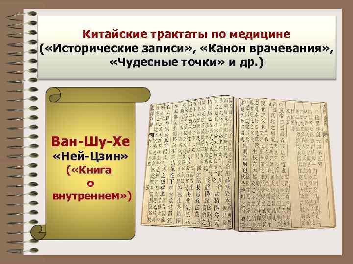 Китайские трактаты по медицине ( «Исторические записи» , «Канон врачевания» , «Чудесные точки» и