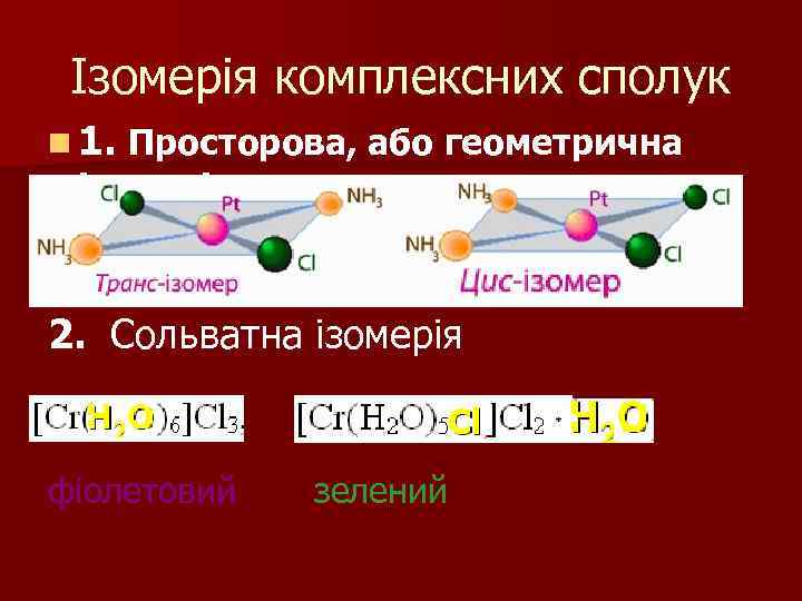 Ізомерія комплексних сполук n 1. Просторова, або геометрична ізомерія 2. Сольватна ізомерія фіолетовий зелений