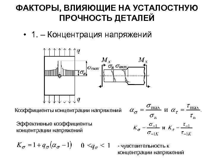 ФАКТОРЫ, ВЛИЯЮЩИЕ НА УСТАЛОСТНУЮ ПРОЧНОСТЬ ДЕТАЛЕЙ • 1. – Концентрация напряжений Коэффициенты концентрации напряжений