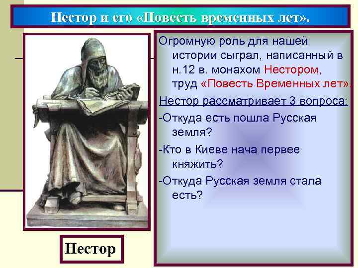 Нестор и его «Повесть временных лет» . Огромную роль для нашей истории сыграл, написанный