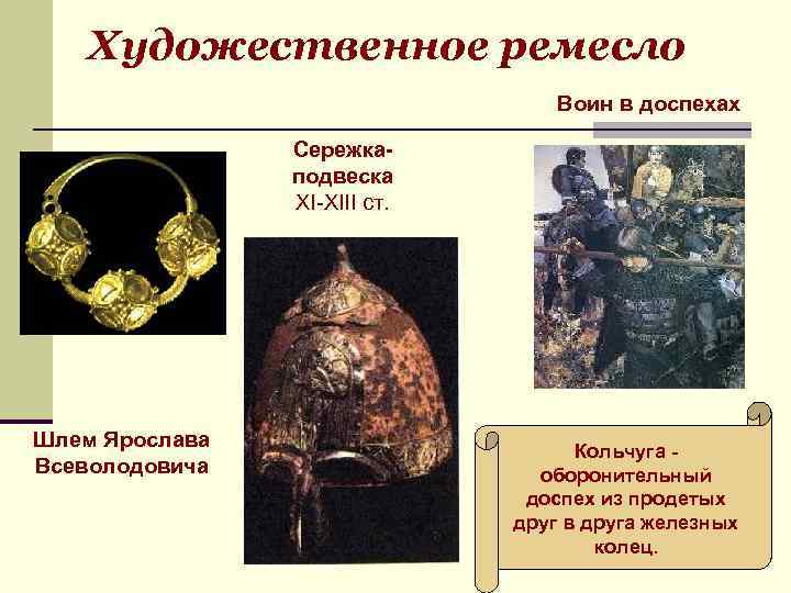 Художественное ремесло Воин в доспехах Сережкаподвеска ХІ-ХІІІ ст. Шлем Ярослава Всеволодовича Кольчуга - оборонительный