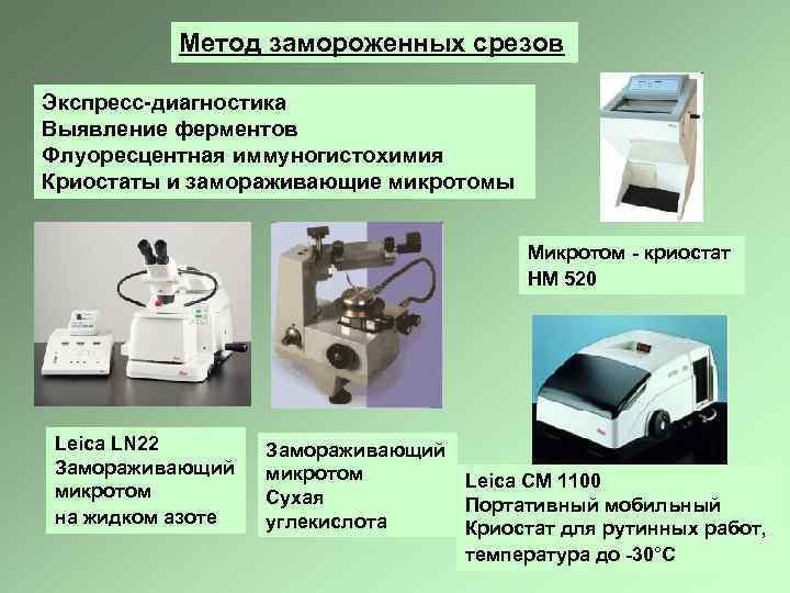 Метод замороженных срезов Экспресс-диагностика Выявление ферментов Флуоресцентная иммуногистохимия Криостаты и замораживающие микротомы Микротом -