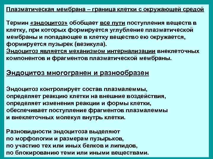 Плазматическая мембрана – граница клетки с окружающей средой Термин «эндоцитоз» обобщает все пути поступления
