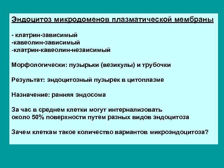 Эндоцитоз микродоменов плазматической мембраны - клатрин-зависимый -кавеолин-зависимый -клатрин-кавеолин-незаисимый Морфологически: пузырьки (везикулы) и трубочки Результат: