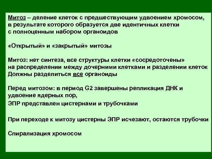 Митоз – деление клеток с предшествующим удвоением хромосом, в результате которого образуется две идентичных