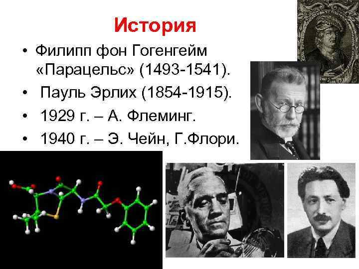История • Филипп фон Гогенгейм «Парацельс» (1493 -1541). • Пауль Эрлих (1854 -1915). •