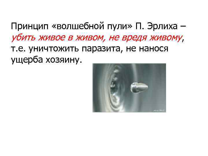 Принцип «волшебной пули» П. Эрлиха – убить живое в живом, не вредя живому, т.