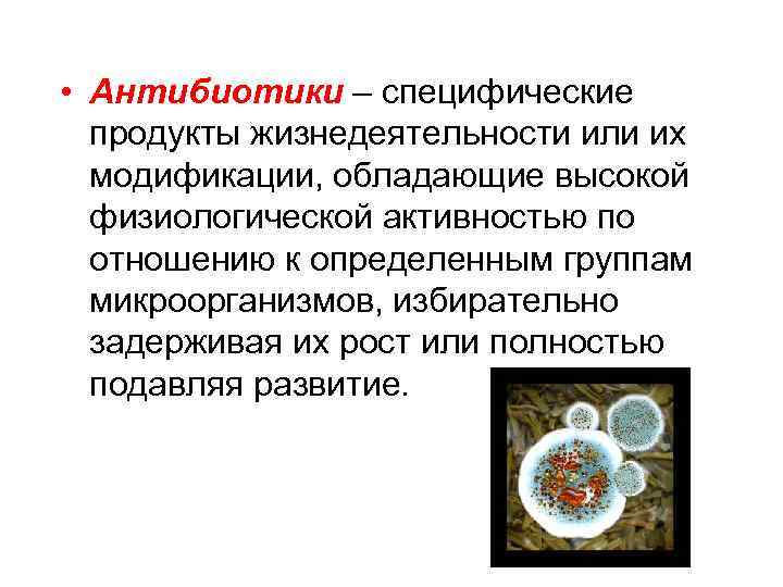  • Антибиотики – специфические продукты жизнедеятельности или их модификации, обладающие высокой физиологической активностью