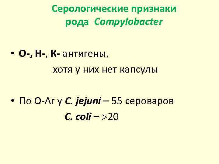 Серологические признаки рода Campylobacter • О-, Н-, К- антигены, хотя у них нет капсулы