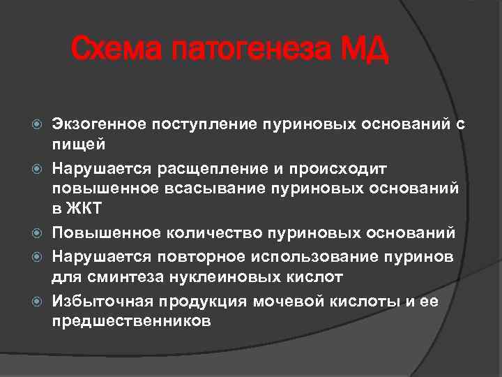 Схема патогенеза МД Экзогенное поступление пуриновых оснований с пищей Нарушается расщепление и происходит повышенное