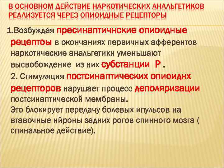 1. Возбуждая пресинаптичнские опиоидные рецептоы в окончаниях первичных афферентов наркотические анальгетики уменьшают высвобождение из