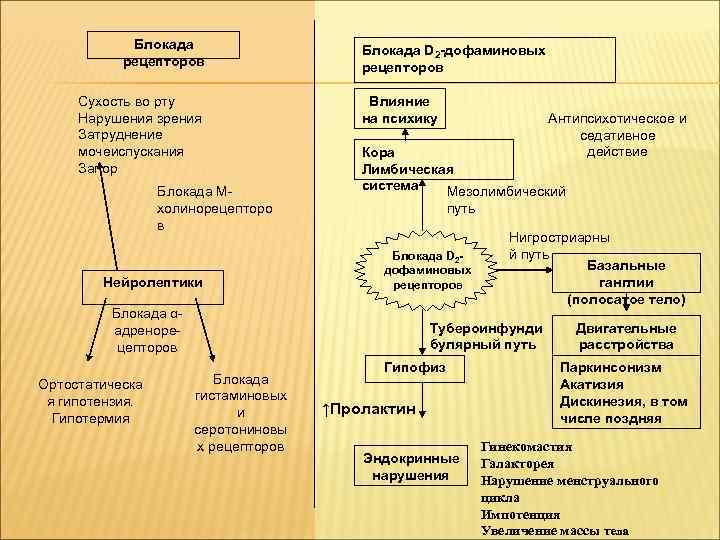 Блокада рецепторов Сухость во рту Нарушения зрения Затруднение мочеиспускания Запор Блокада Мхолинорецепторо в Нейролептики