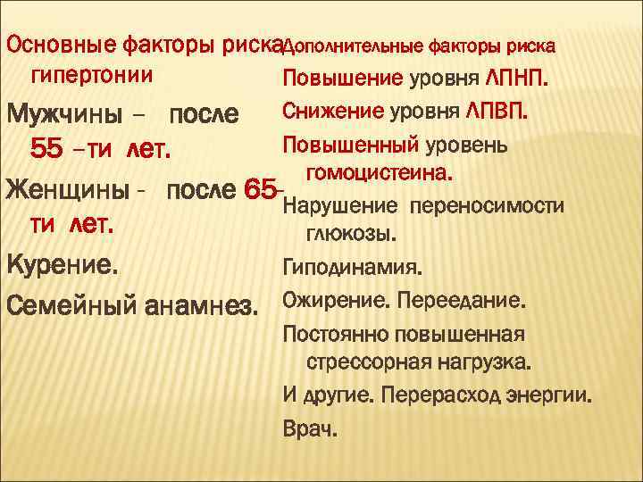 Основные факторы риска. Дополнительные факторы риска гипертонии Повышение уровня ЛПНП. Мужчины – после Снижение