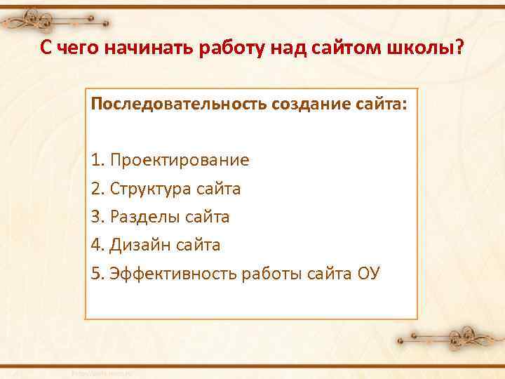 С чего начинать работу над сайтом школы? Последовательность создание сайта: 1. Проектирование 2. Структура