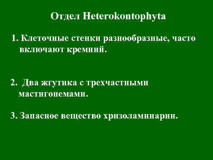Отдел Heterokontophyta 1. Клеточные стенки разнообразные, часто включают кремний. 2. Два жгутика с трехчастными