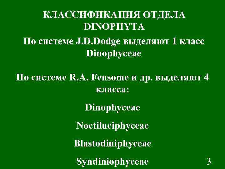 КЛАССИФИКАЦИЯ ОТДЕЛА DINOPHYTA По системе J. D. Dodge выделяют 1 класс Dinophyceae По системе