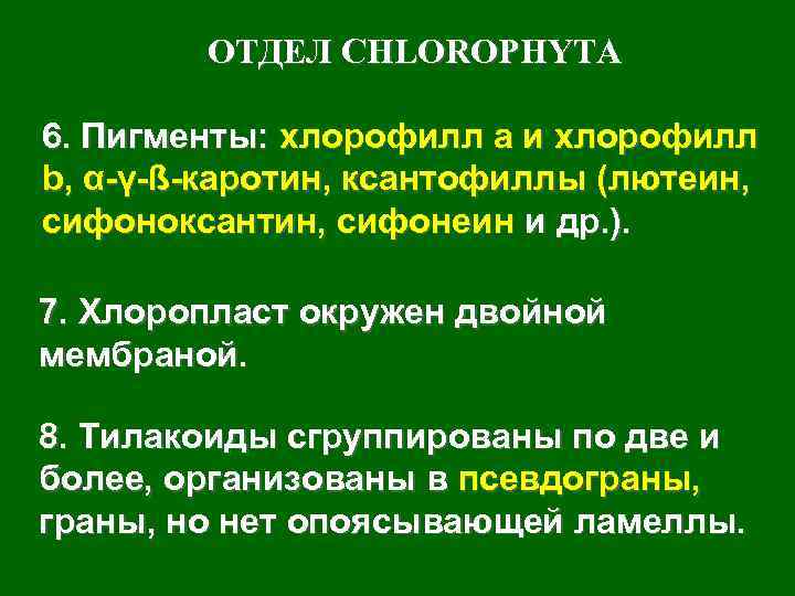 ОТДЕЛ CHLOROPHYTA 6. Пигменты: хлорофилл а и хлорофилл b, α-γ-ß-каротин, ксантофиллы (лютеин, сифоноксантин, сифонеин