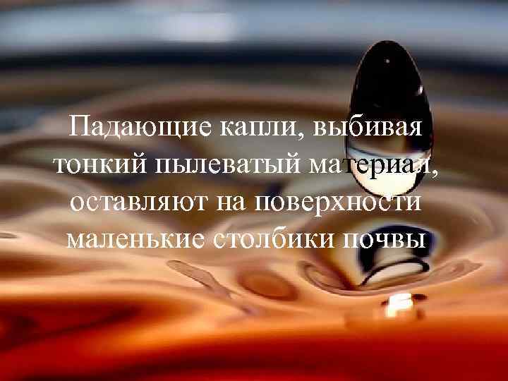 Падающие капли, выбивая тонкий пылеватый материал, оставляют на поверхности маленькие столбики почвы 