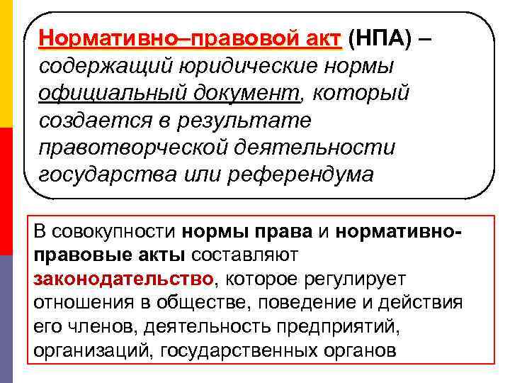 Нормативно–правовой акт (НПА) – Нормативно–правовой акт содержащий юридические нормы официальный документ, который создается в