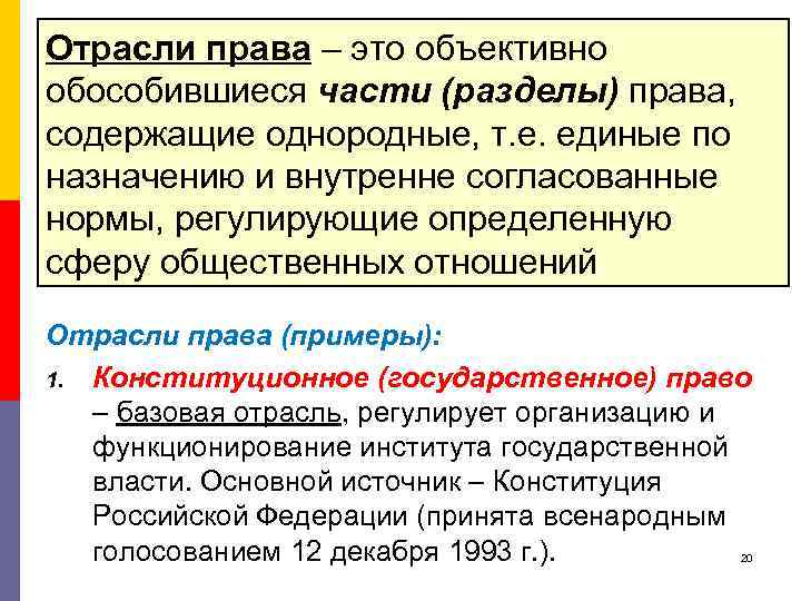 Отрасли права – это объективно обособившиеся части (разделы) права, содержащие однородные, т. е. единые
