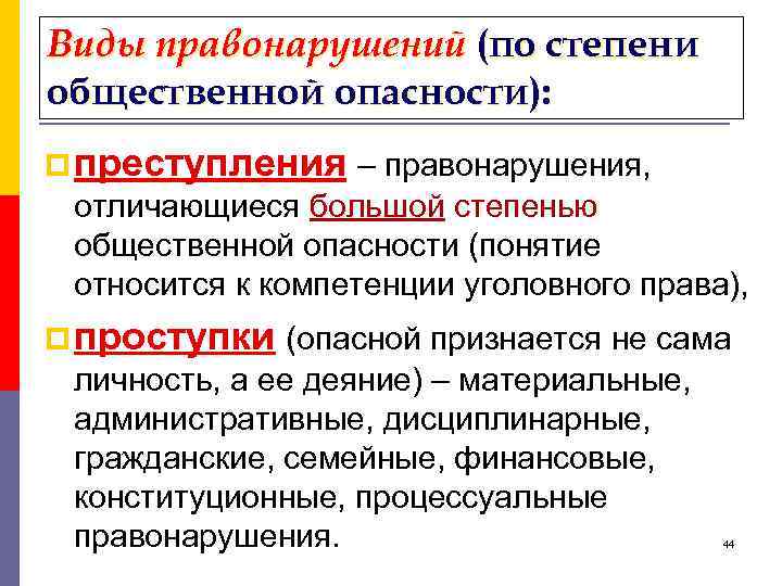 Виды правонарушений (по степени общественной опасности): p преступления – правонарушения, отличающиеся большой степенью общественной