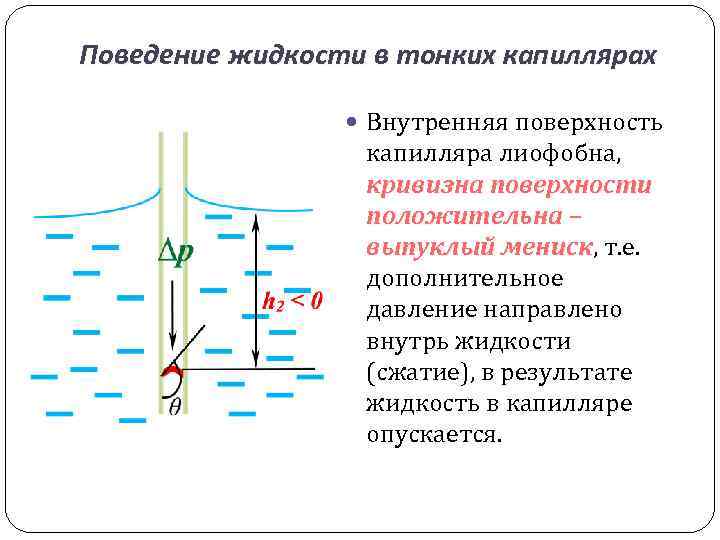 Дополнительное давление. Капиллярное давление и кривизна поверхности.. Капиллярное давление жидкости. Отрицательное капиллярное давление. Поверхность жидкости в капилляре.