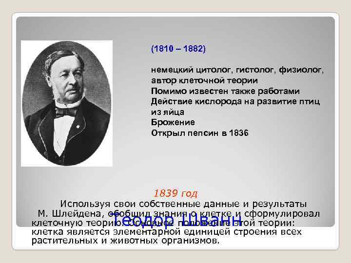 (1810 – 1882) немецкий цитолог, гистолог, физиолог, автор клеточной теории Помимо известен также работами
