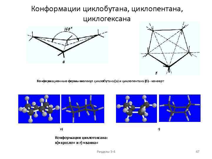 Конформации циклобутана, циклопентана, циклогексана Конформационные формы молекул циклобутана (а) и циклопентана (б) - конверт