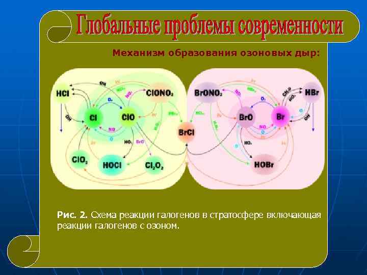 Механизм образования озоновых дыр: Рис. 2. Схема реакции галогенов в стратосфере включающая реакции галогенов