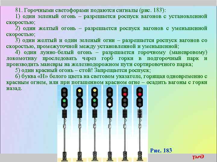 81. Горочными светофорами подаются сигналы (рис. 183): 1) один зеленый огонь – разрешается роспуск