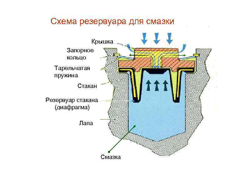 Схема резервуара для смазки Крышка Запорное кольцо Тарельчатая пружина Стакан Резервуар стакана (диафрагма) Лапа