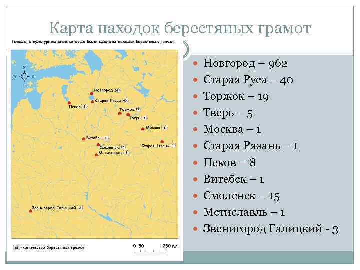 Карта находок берестяных грамот Новгород – 962 Старая Руса – 40 Торжок – 19