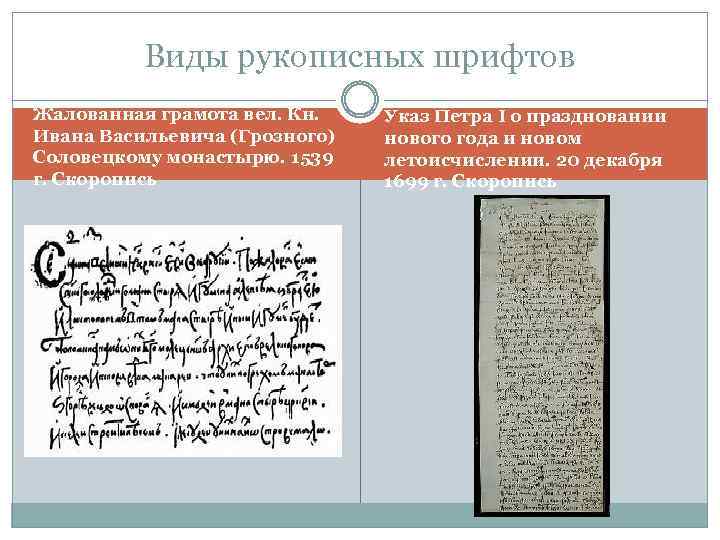 Виды рукописных шрифтов Жалованная грамота вел. Кн. Ивана Васильевича (Грозного) Соловецкому монастырю. 1539 г.