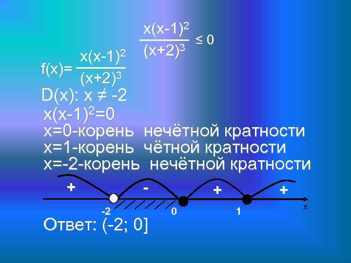 х(х-1)2 f(x)= (х+2)3 х(х-1)2 ≤ 0 (х+2)3 D(x): х ≠ -2 х(х-1)2=0 х=0 -корень