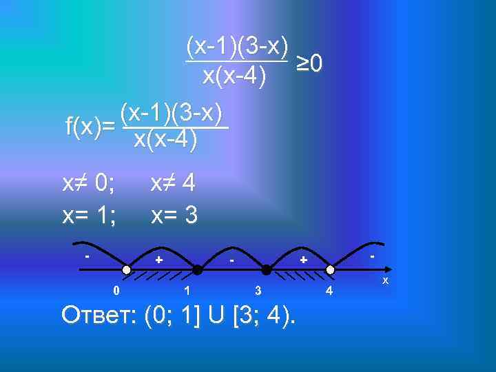 (х-1)(3 -х) ≥ 0 x(х-4) (х-1)(3 -х) f(x)= x(х-4) х≠ 0; х= 1; -