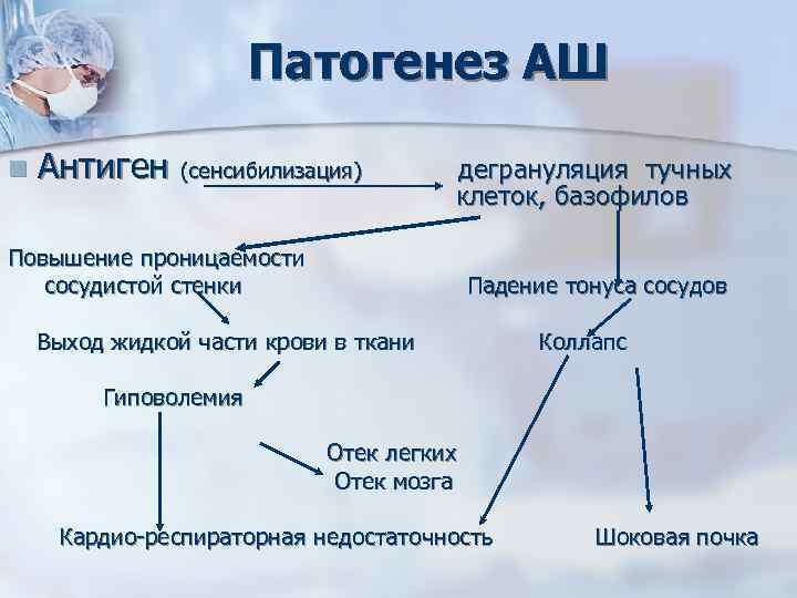 Патогенез АШ n Антиген (сенсибилизация) дегрануляция тучных клеток, базофилов Повышение проницаемости сосудистой стенки Падение