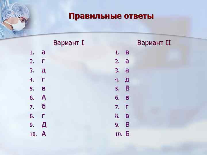 Правильные ответы Вариант I 1. 2. 3. 4. 5. 6. 7. 8. 9. 10.