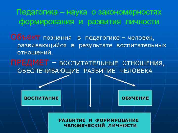 Педагогика – наука о закономерностях формирования и развития личности Объект познания в педагогике –