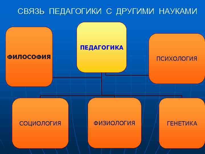 СВЯЗЬ ПЕДАГОГИКИ С ДРУГИМИ НАУКАМИ ПЕДАГОГИКА ФИЛОСОФИЯ СОЦИОЛОГИЯ ПСИХОЛОГИЯ ФИЗИОЛОГИЯ ГЕНЕТИКА 