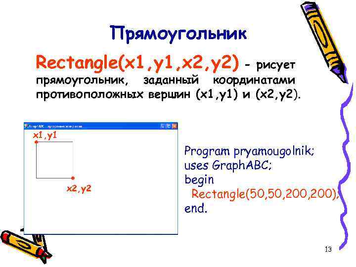 Прямоугольник Rectangle(x 1, y 1, x 2, y 2) - рисует прямоугольник, заданный координатами