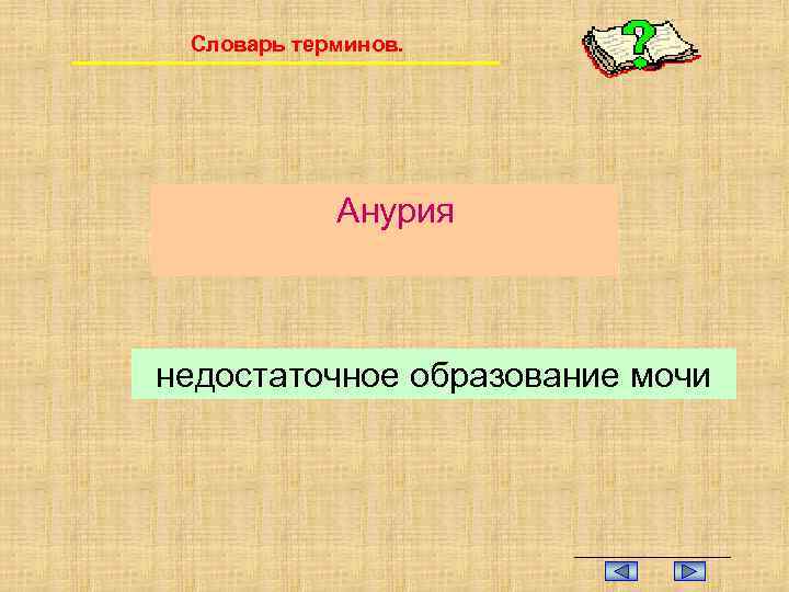 Словарь терминов. Анурия недостаточное образование мочи 